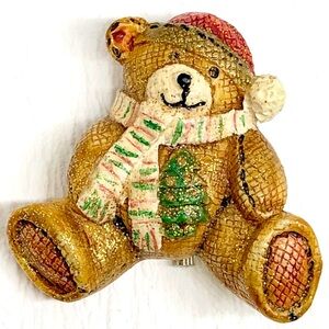 Vintage Christmas Teddy Bear Rustic Colors Resin Brooch Pin 1.75" Retro Holiday